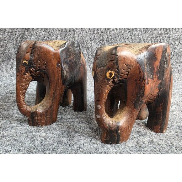 Vtg Hand Carved Wooden Elephant Figurines Set Of 2 Rustic Home Decor - Picture 1 of 9